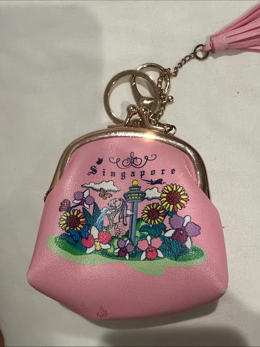 Pink Singapore Floral Coin Purse Keychain